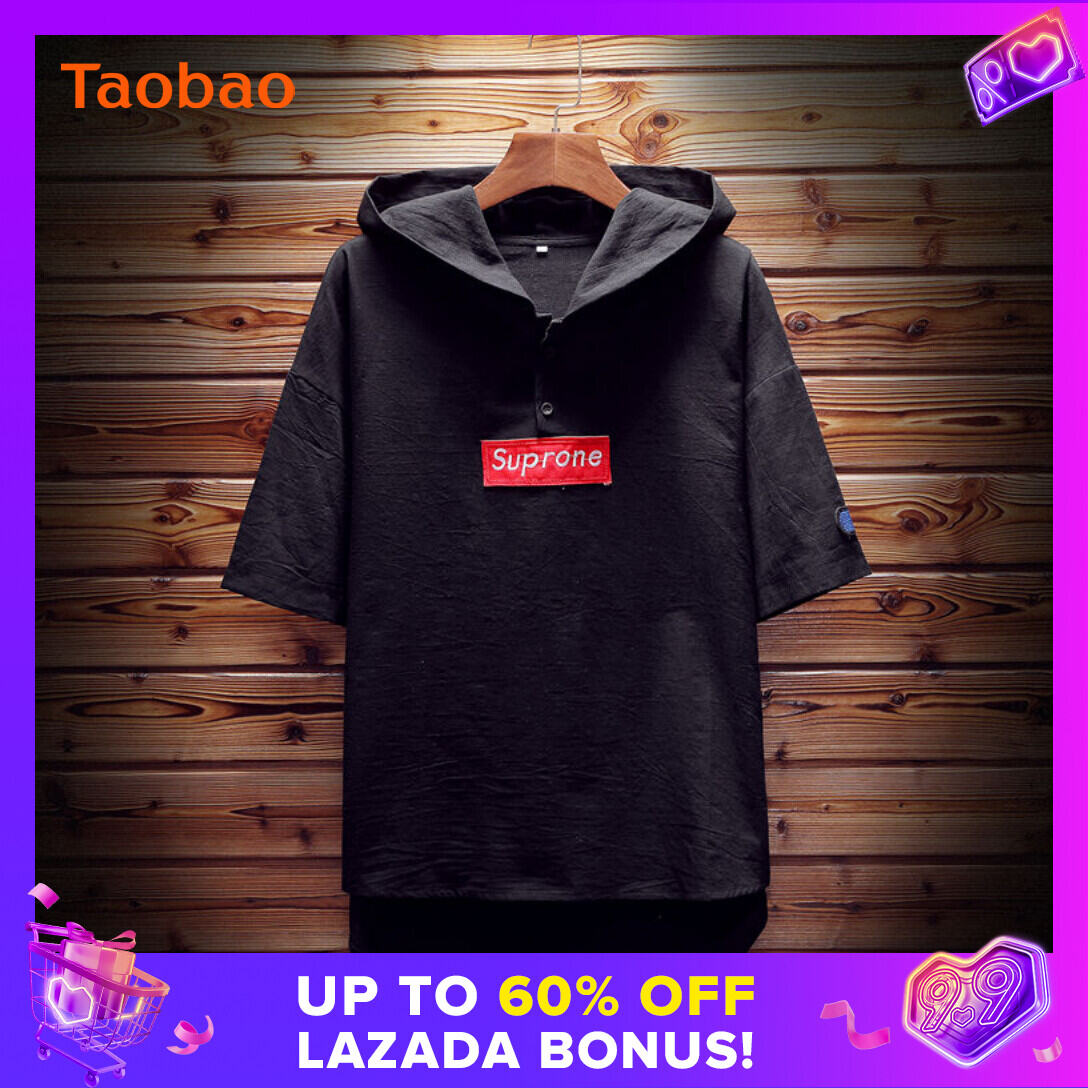 Japanese Applique Men's Summer Short Sleeve Sweater Men's plus Size Washed Cotton Hooded Half Sleeve Fashion Man T-shirt