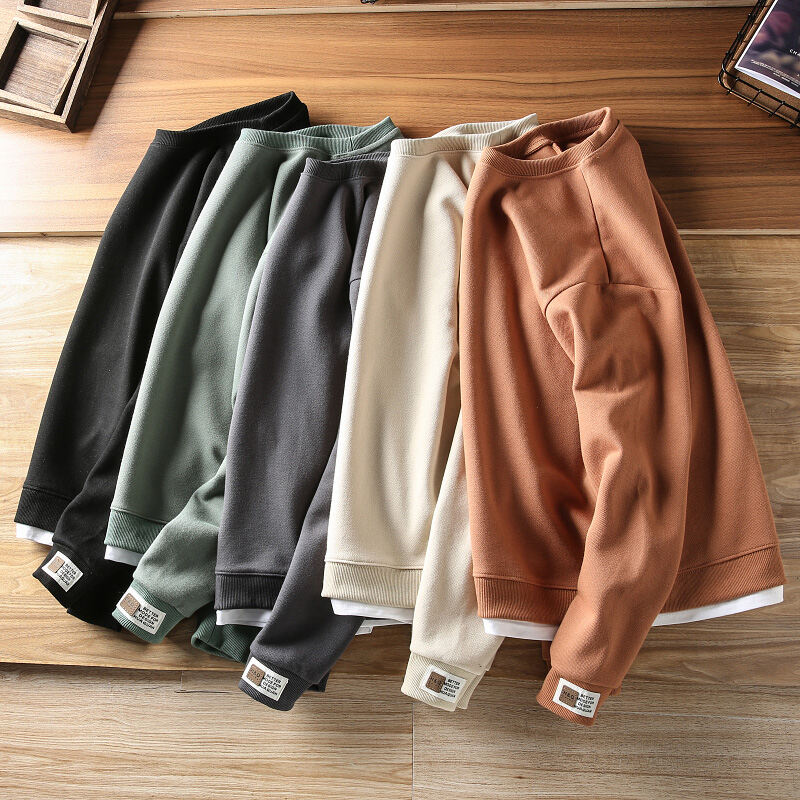 Autumn New Washed Pearl Cotton Men's Drop Shoulder Sleeve round Neck Pullover Fake Two-Piece Sweater Sports Casual Sweater