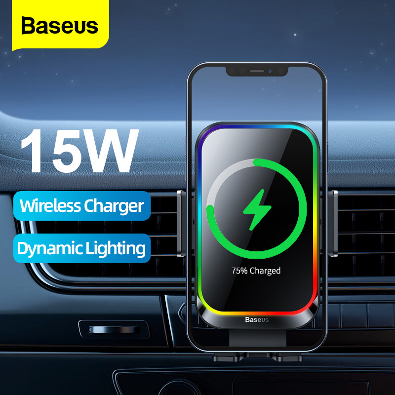 Baseus 15W Wireless Charging Car Phone Holder Infrared QI Multi-color Gradient Light Phone Charger for iPhone 14 13 Xiaomi Samsung Mount Fast Wireless Charger Button