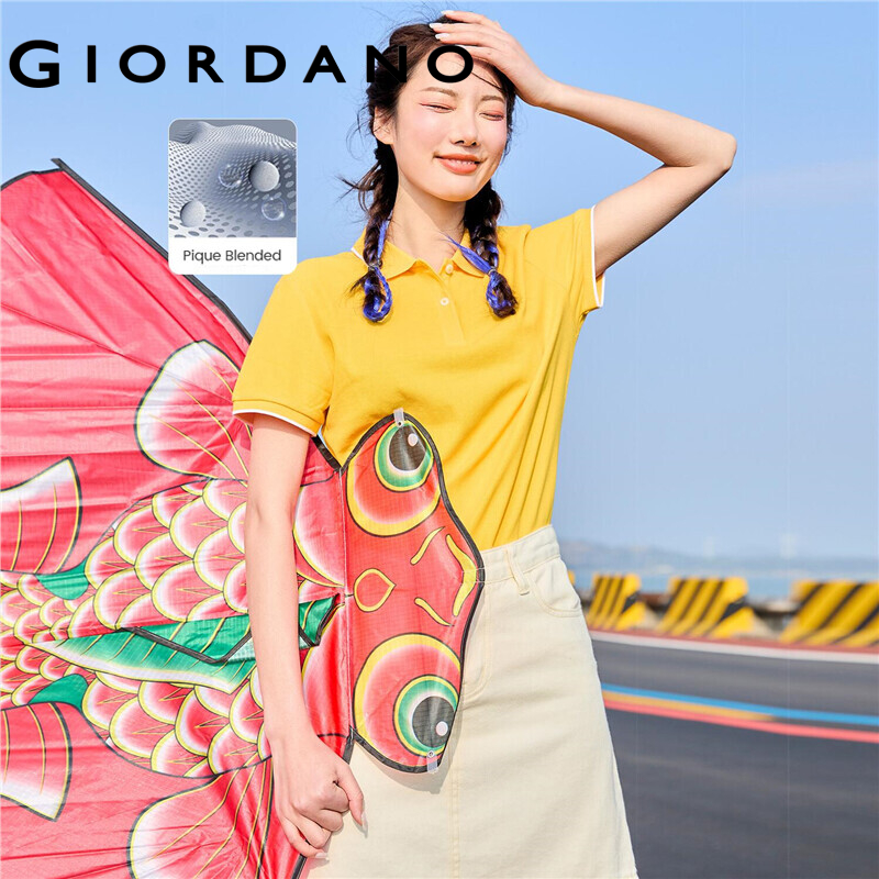 Giordano Women Polo Shirts Classic Collar Ribbed Cuffs Pique Polo Shirts Mesh Structure Short Sleeves Slim Polo Shirts 05311399