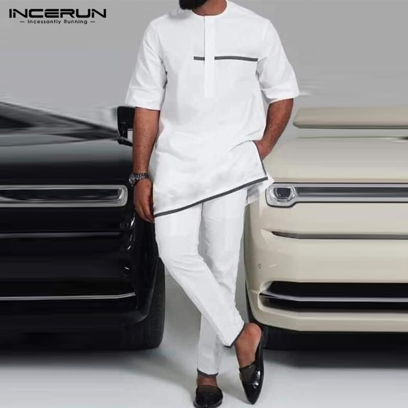 INCERUN Vintage Mens Indian Casual Suit Short Sleeve Kurta Short Pants Outfit Sets (Muslim Wear)