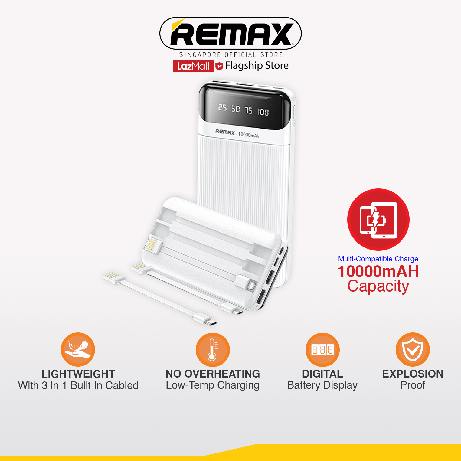 [Remax Energy] RPP-93 Lesu Portable 10000mAh  2A Fast Charge Power Bank with 3-In 1 Cable